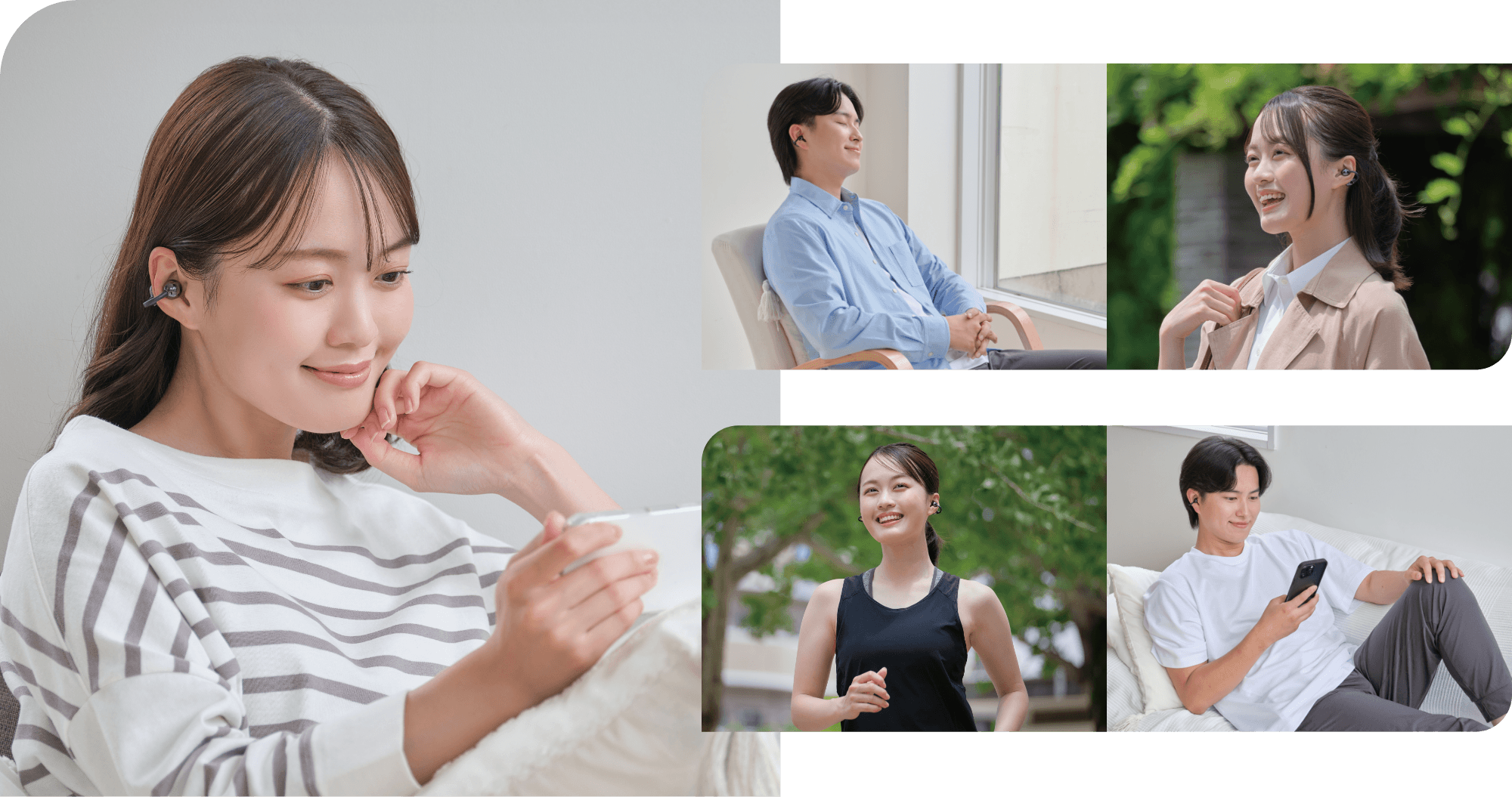 さまざまなシーンで健光浴イヤーカフイヤホンを使用するイメージ